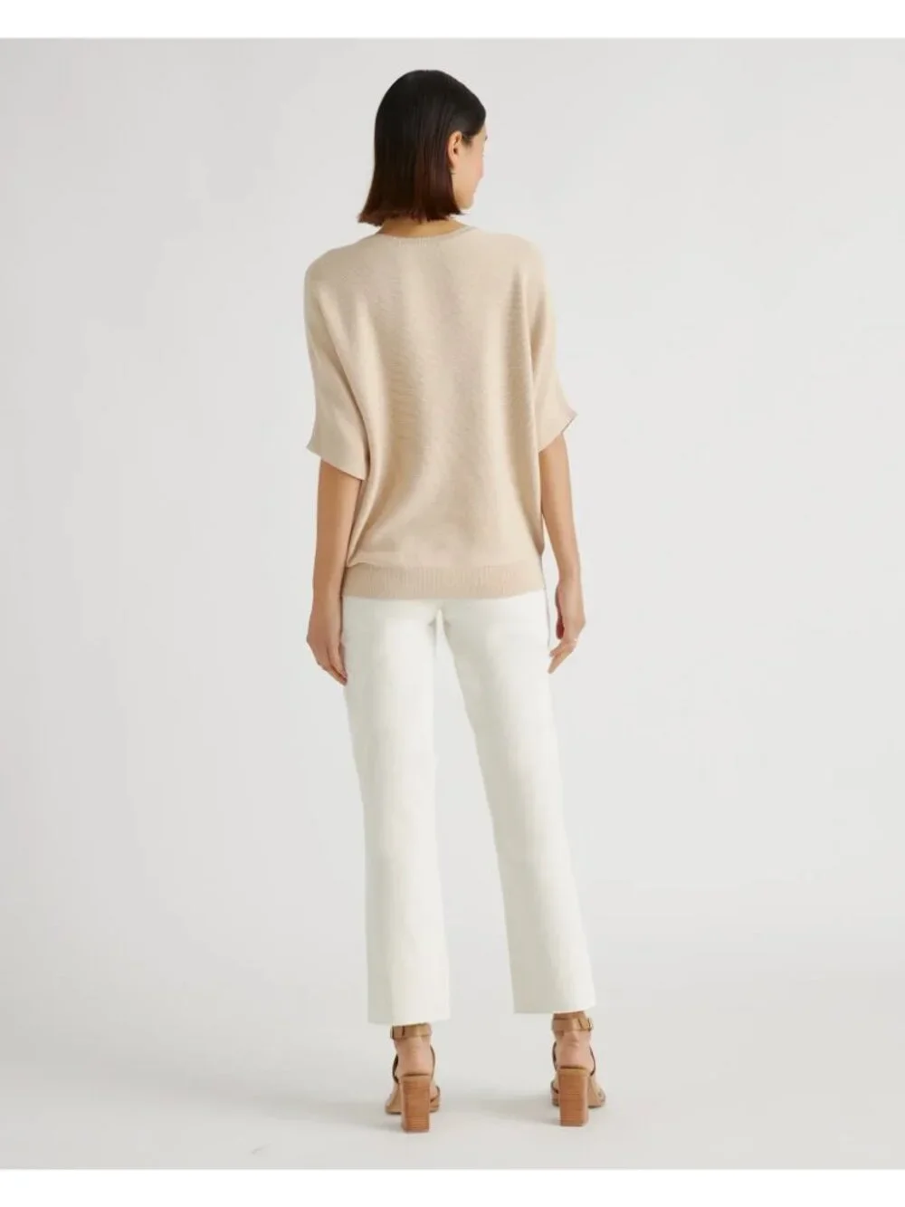 Quince Lightweight Cotton Cashmere Link-Stitch Dolman Sweater L Heather Oatmeal